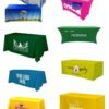 Custom colorful stretch tablecloth (4) Blue custom tablecloth with white text “Your Logo Here