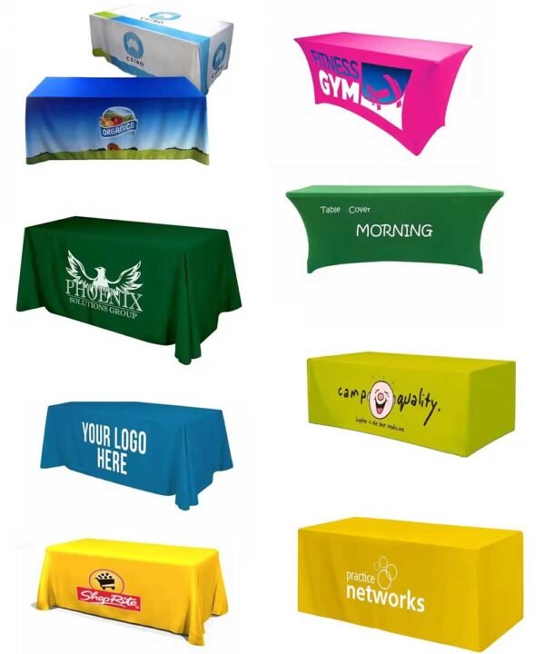 Custom colorful stretch tablecloth (4) Blue custom tablecloth with white text “Your Logo Here