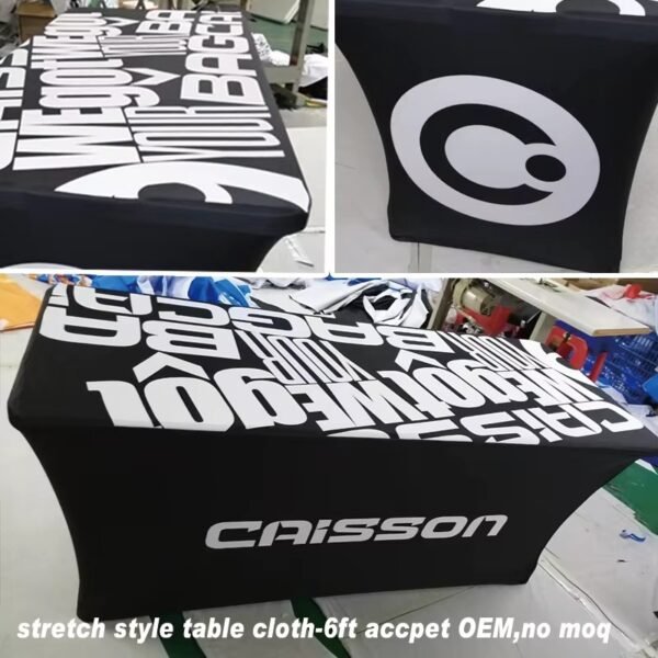 Custom colorful stretch tablecloth (5) Custom colorful stretch tablecloth with donut design for trade shows