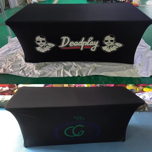 Custom colorful stretch tablecloth (6) Custom colorful stretch tablecloth with donut design for trade shows