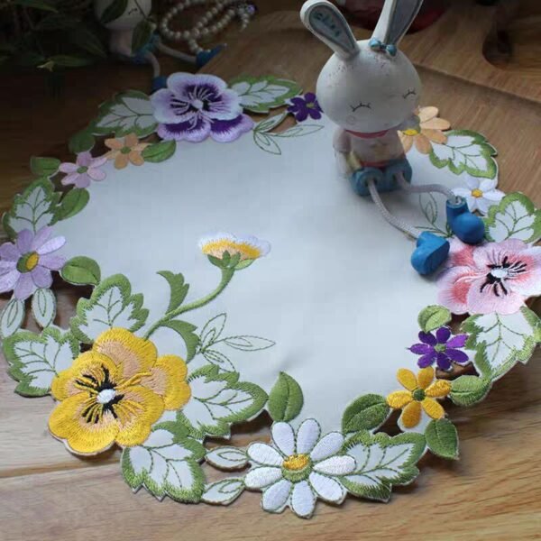 Colorful daisy round embroidered placemat with cutwork lace