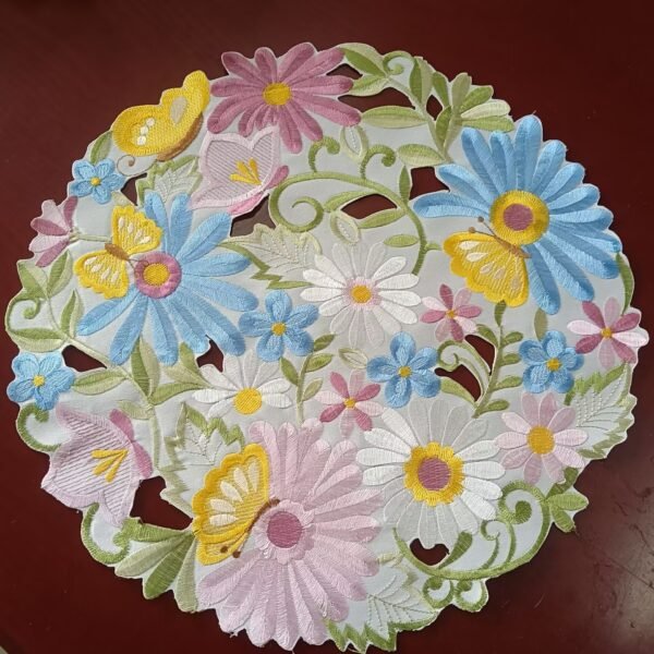 Colorful daisy round embroidered placemat with cutwork lace