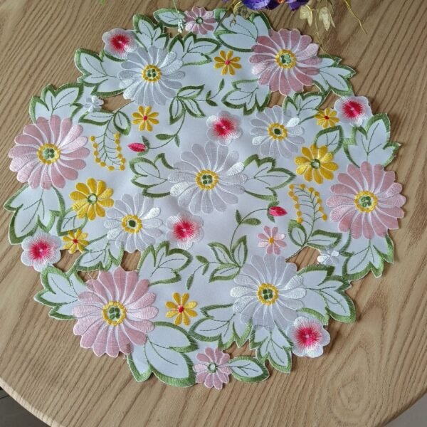 Colorful daisy round embroidered placemat with cutwork lace