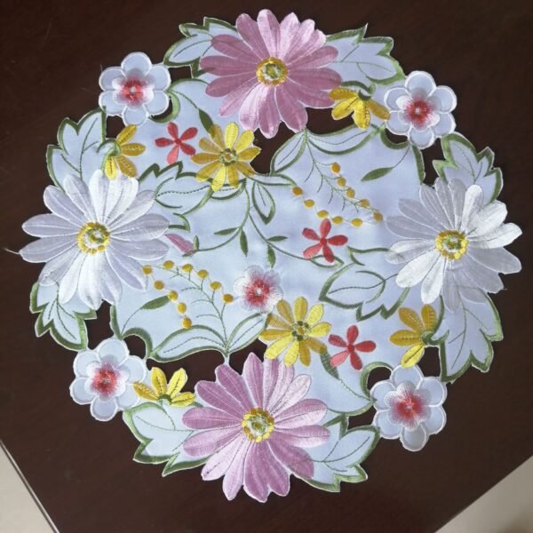 Colorful daisy round embroidered placemat with cutwork lace