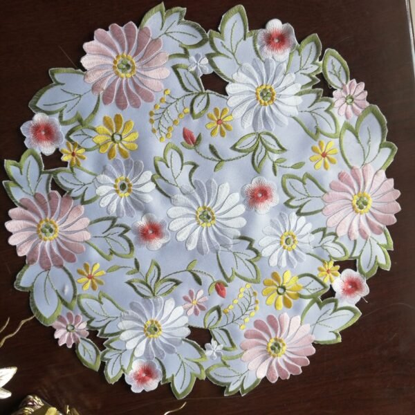 Colorful daisy round embroidered placemat with cutwork lace