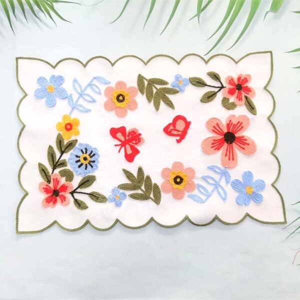 Floral chain stitch embroidered rectangular placemat