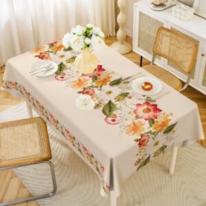 GeoWeave Floral PVC Tablecloth – Beige Green Waterproof Pattern