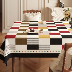 GeoWeave Retro PVC Waterproof Tablecloth – Vintage Floral and Plaid Pattern