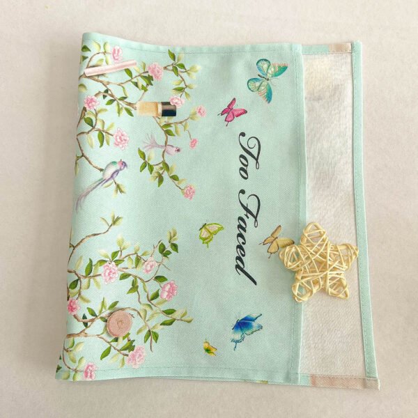 Green butterfly and bunny printed cotton tea towel with embroidered logo sample (1) Green butterfly and bunny printed cotton tea towel with embroidered logo sample