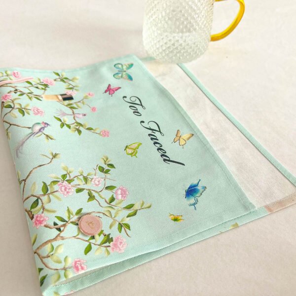 Green butterfly and bunny printed cotton tea towel with embroidered logo sample (2) Green butterfly and bunny printed cotton tea towel with embroidered logo sample