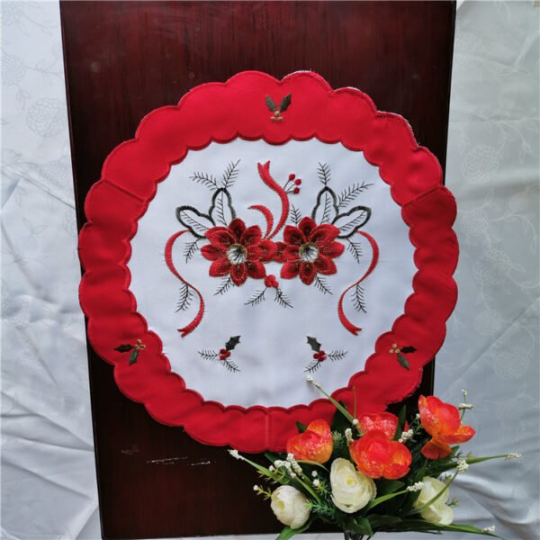 Leaf Pattern Round Embroidered Placemat (7) Round leaf embroidered placemat with lace cutwork