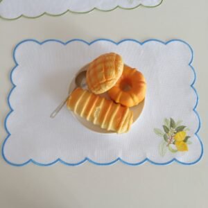Linen placemat with lemon embroidery, handmade cutwork