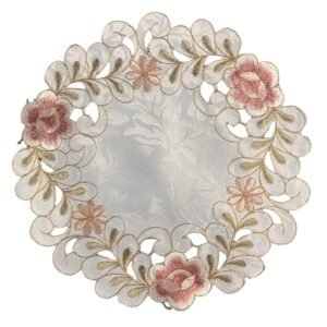 Pink round embroidered placemat for cups and bowls