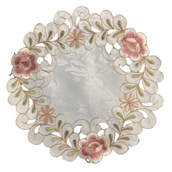 Pink round embroidered placemat for cups and bowls