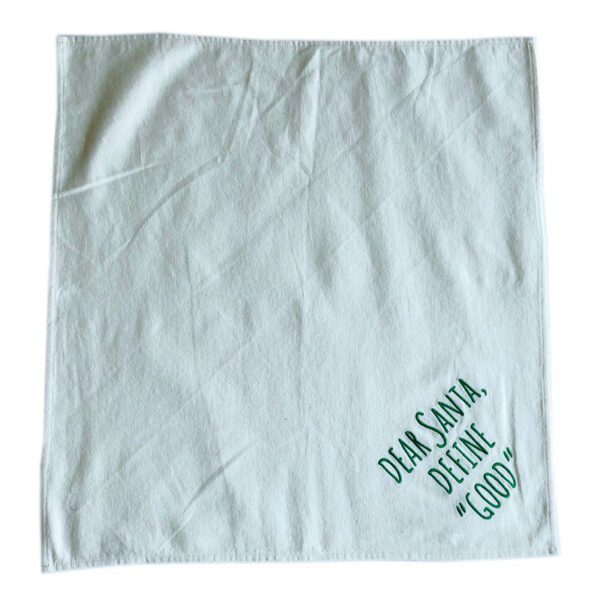 Thick custom cotton tea towel with embroidered logo on wooden table (2) Thick custom cotton tea towel with embroidered logo on wooden table