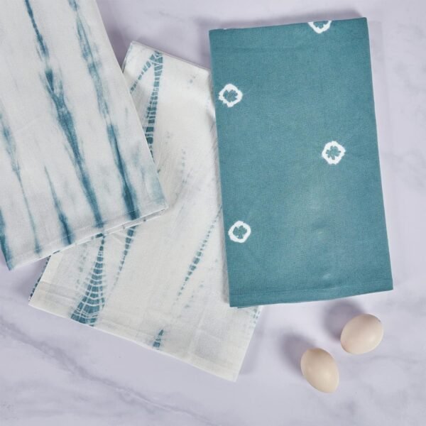 Tie-dye green cotton kitchen towel with unique pattern (1) Three decorative kitchen towels and eggs