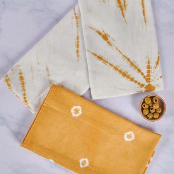 Tie-dye green cotton kitchen towel with unique pattern (9) Three patterned kitchen towels with olives