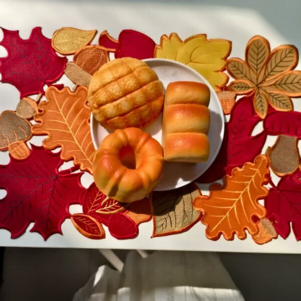 Wine Red Maple Leaf Embroidered Placemat (1) Wine red maple leaf embroidered Thanksgiving placemat