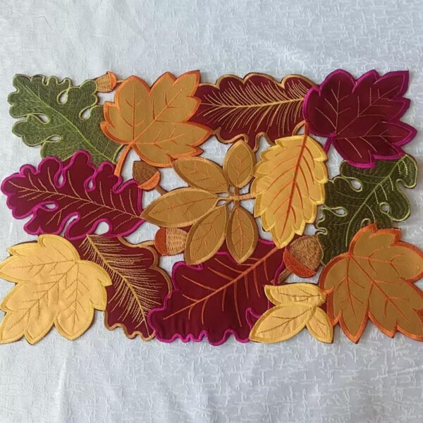 Wine Red Maple Leaf Embroidered Placemat (3) Wine red maple leaf embroidered placemat Thanksgiving theme