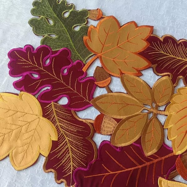 Wine Red Maple Leaf Embroidered Placemat (4) Wine red maple leaf embroidered placemat Thanksgiving theme