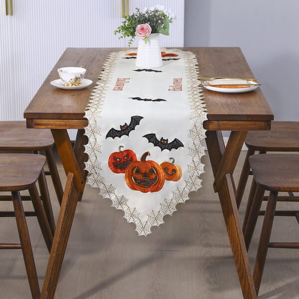 Halloween embroidered table runner skull pumpkin spider web white purple