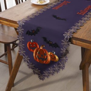 Halloween embroidered table runner skull pumpkin spider web white purple