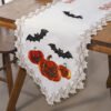 Halloween embroidered table runner skull pumpkin spider web white purple