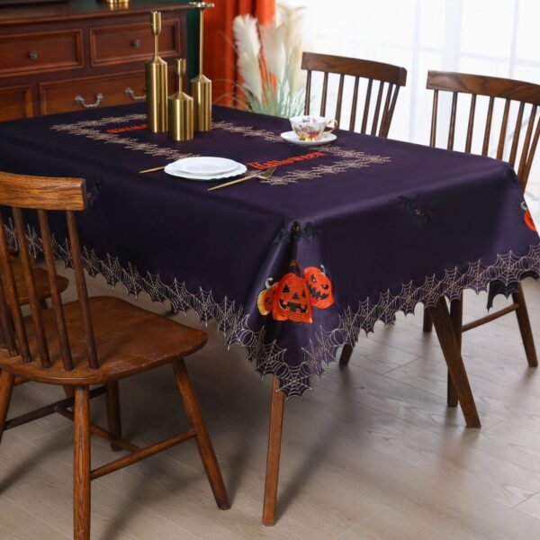Halloween embroidered table runner skull pumpkin spider web white purple