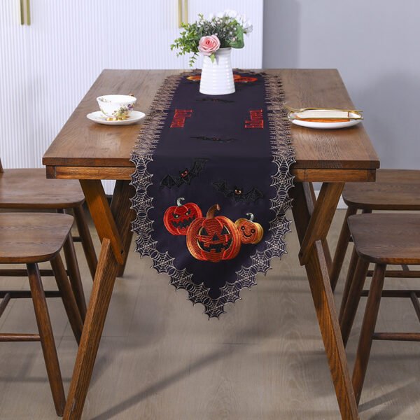 Halloween embroidered table runner skull pumpkin spider web white purple