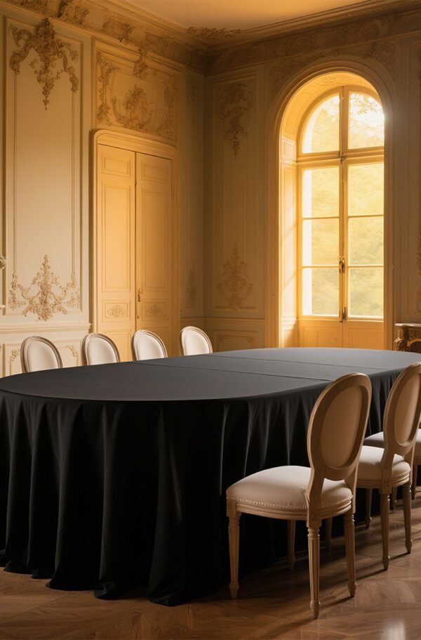 black waterproof tablecloth (1) Round Black Tablecloth – High-Density Polyester Satin Fabric