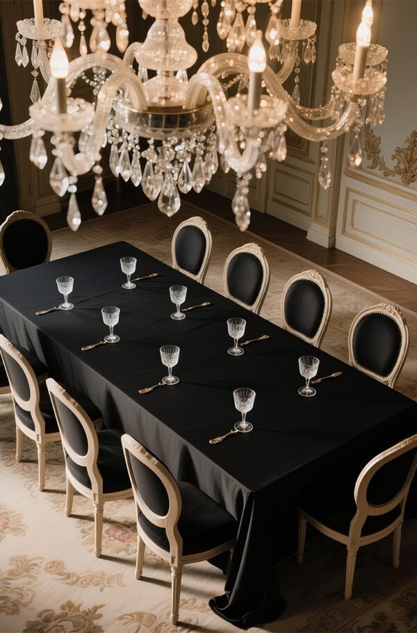 black waterproof tablecloth (2) Round Black Tablecloth – High-Density Polyester Satin Fabric
