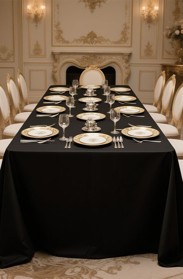 black waterproof tablecloth (3) Round Black Tablecloth – High-Density Polyester Satin Fabric