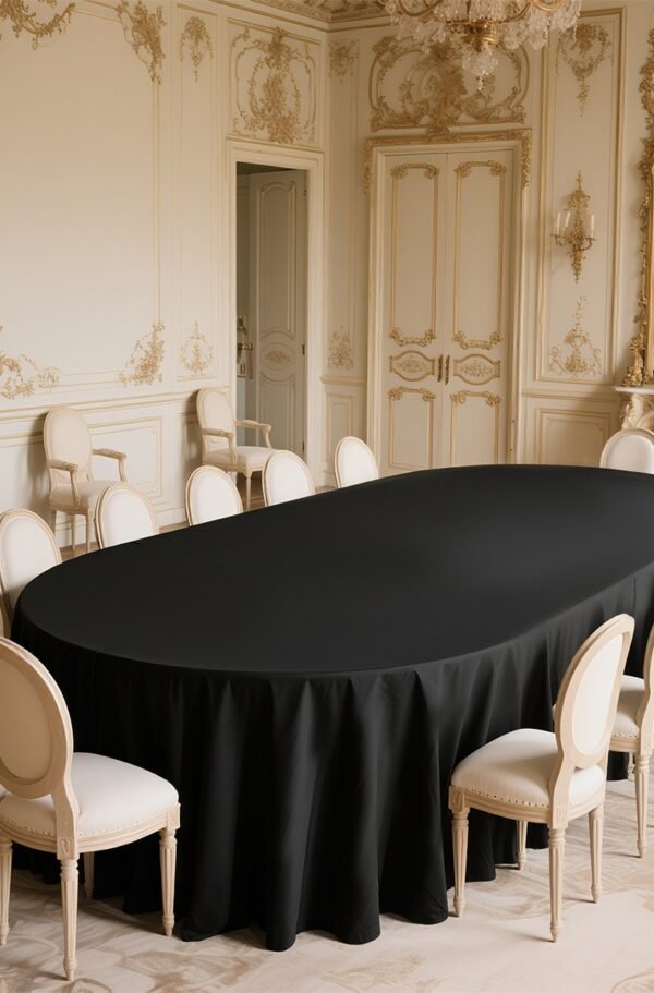 black waterproof tablecloth (5) Round Black Tablecloth – High-Density Polyester Satin Fabric