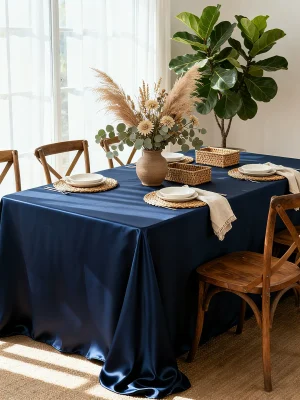 Blue Satin Rectangular Tablecloth – High-Density Polyester Banquet Fabric