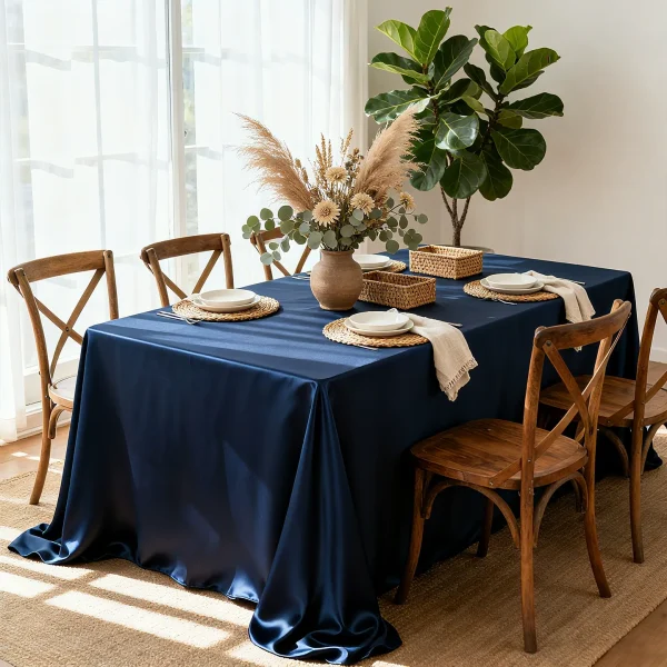 Blue Satin Rectangular Tablecloth – High-Density Polyester Banquet Fabric
