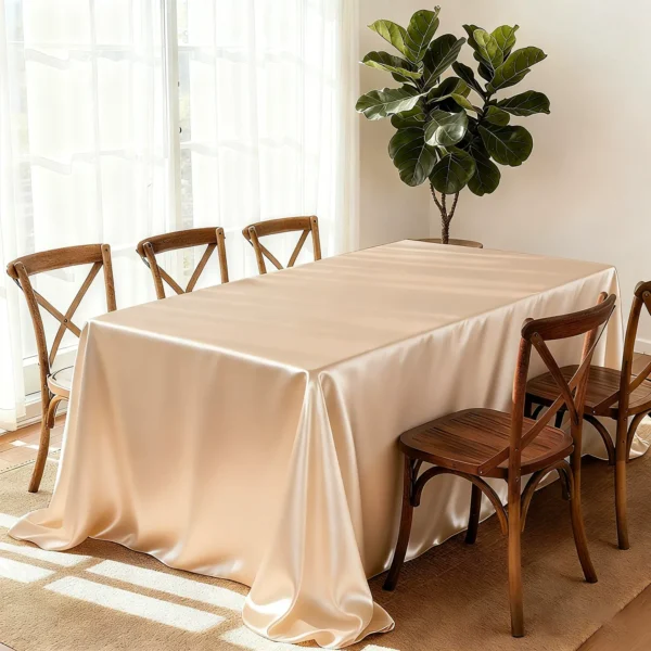 Elegant table with satin tablecloth and chairs