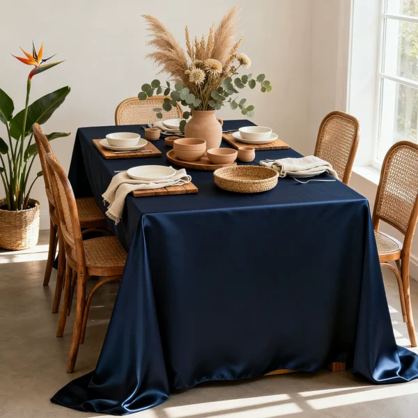 Blue Satin Rectangular Tablecloth – High-Density Polyester Banquet Fabric