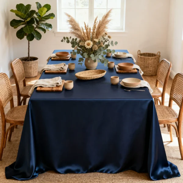 Blue Satin Rectangular Tablecloth – High-Density Polyester Banquet Fabric