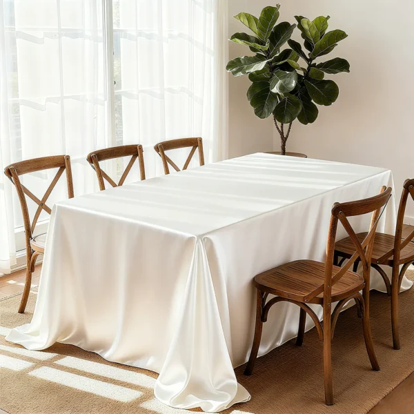 Elegant dining setup with white tablecloth