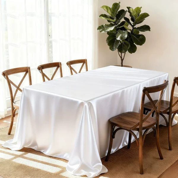 Elegant white tablecloth with wooden chairs