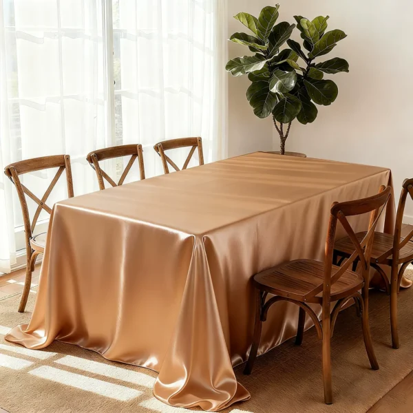 Elegant table with satin tablecloth.