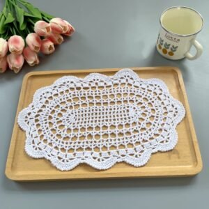 Handmade crochet lace oval placemat 20×35cm white beige
