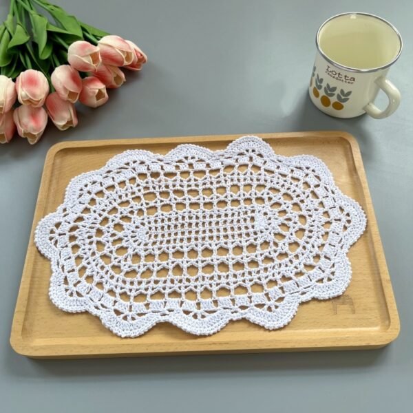 crochet oval table mat (3) Handmade crochet lace oval placemat 20×35cm white beige