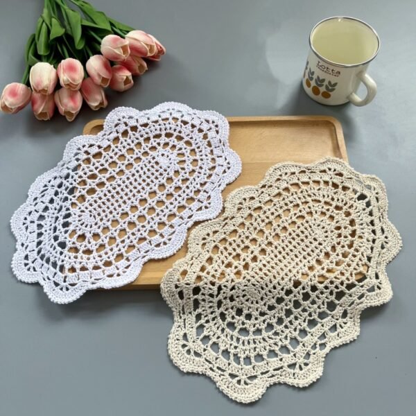 crochet oval table mat (7) Handmade crochet lace oval placemat 20×35cm white beige