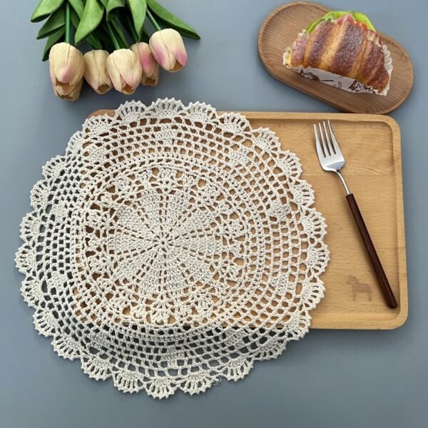 crochet snowflake placemat (4) Handmade crochet snowflake round placemat white lace cotton