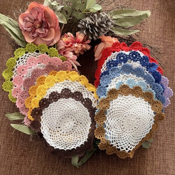 crochet starburst placemat (2) Handmade crochet starburst placemat with colorful edges
