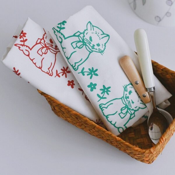 Vintage Cotton Linen Napkin Printed Cat Tea Towel