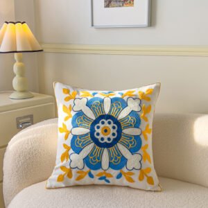Embroidered floral cotton cushion cover 45x45cm