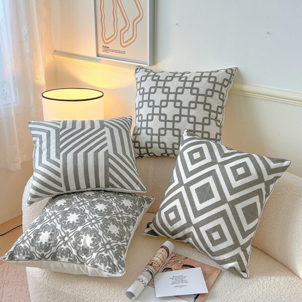Gray geometric embroidered cotton cushion cover 45x45cm