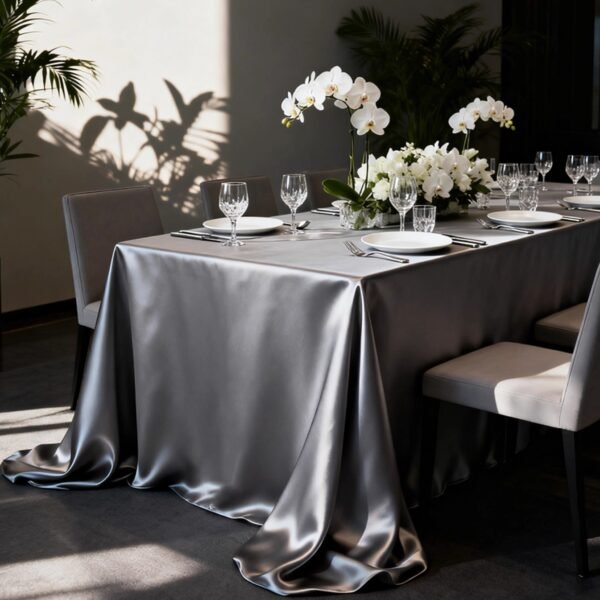 gray satin tablecloth (1) Elegant Gray Satin Rectangular Tablecloth – Thickened High-Density Polyester